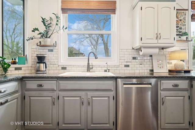 23114 W N Lakewood Ln, Lake Zurich, IL 60047 - kitchen with dishwasher, a sink, gray cabinetry, and tasteful backsplash