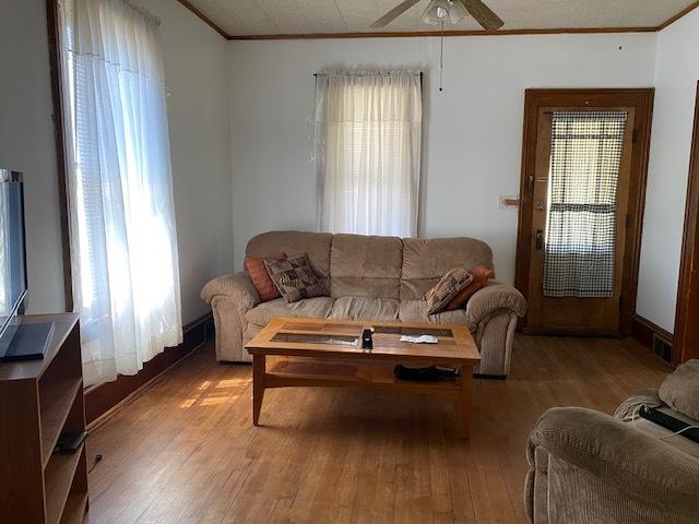 living area featuring ceiling fan, hardwood / wood-style flooring, a wealth of natural light, and ornamental molding