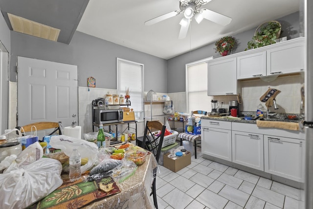 kitchen featuring stainless steel microwave, white cabinets, a wealth of natural light, and ceiling fan