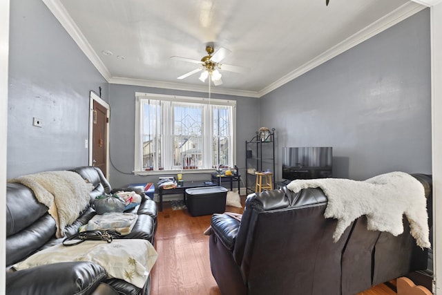 living room featuring wood finished floors, ceiling fan, and crown molding