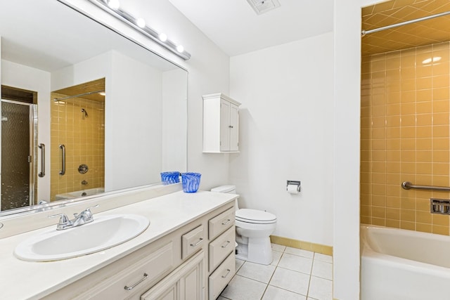 full bath with visible vents, tile patterned flooring, vanity, toilet, and shower / bathtub combination