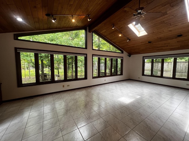 809 Overlook Dr, Frankfort, IL 60423 - spare room with rail lighting, wooden ceiling, tile patterned flooring, ceiling fan, and a skylight
