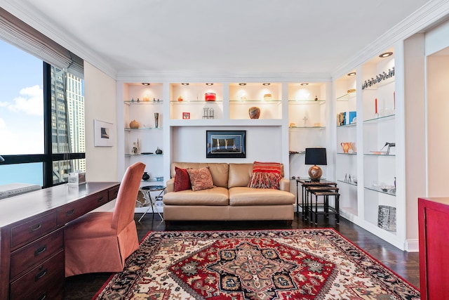 180 E Pearson St Unit 4503, Chicago, IL 60611 - living area with crown molding, built in features, dark wood-style floors, and built in desk