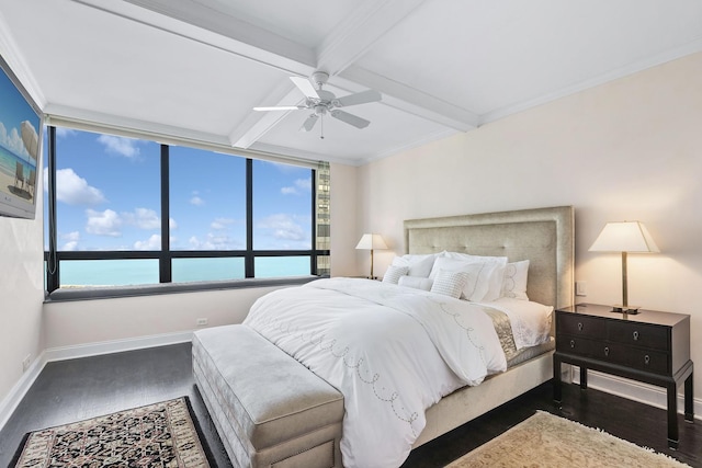 180 E Pearson St Unit 4503, Chicago, IL 60611 - bedroom with wood finished floors, ornamental molding, beam ceiling, baseboards, and ceiling fan