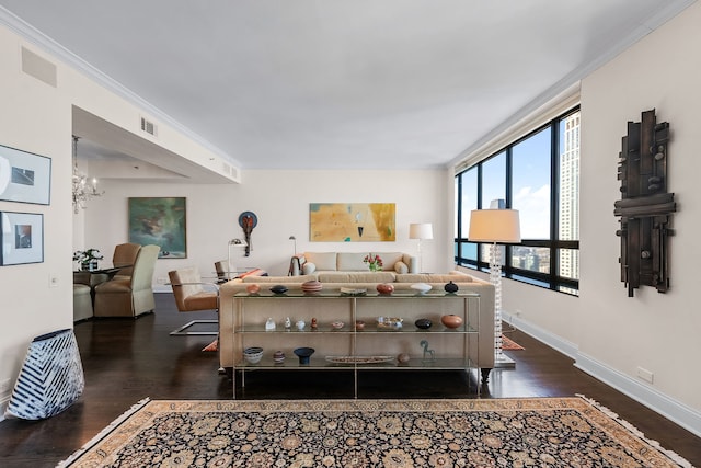 180 E Pearson St Unit 4503, Chicago, IL 60611 - living room with baseboards, a chandelier, dark wood-type flooring, and visible vents