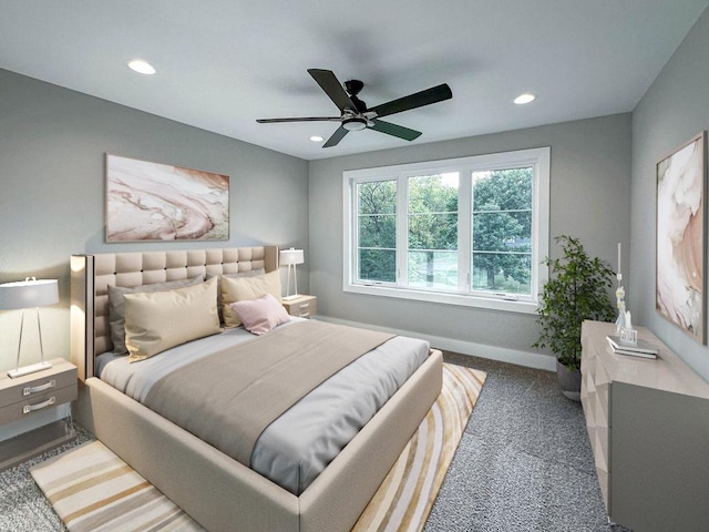 carpeted bedroom with baseboards, a ceiling fan, and recessed lighting