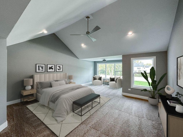 bedroom featuring vaulted ceiling, a ceiling fan, carpet floors, and baseboards