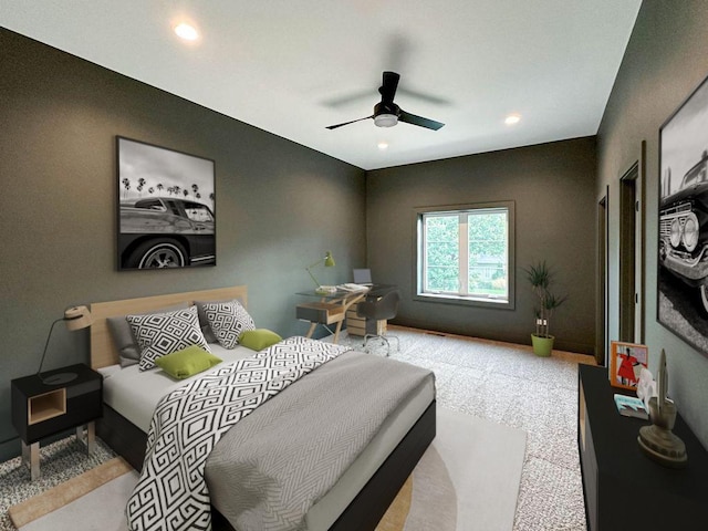 bedroom featuring a ceiling fan, recessed lighting, and carpet floors