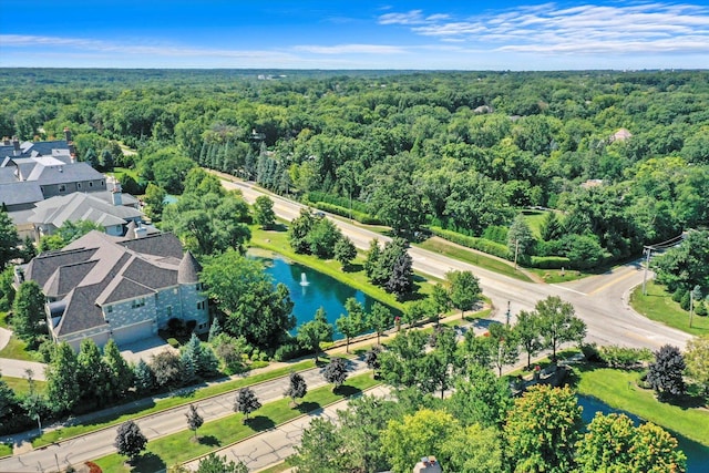 drone / aerial view with a view of trees and a water view