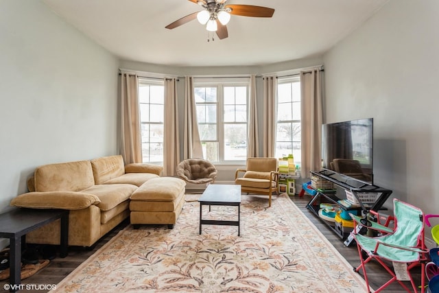 living area featuring a ceiling fan and wood finished floors
