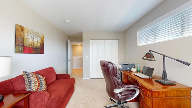 office with light carpet and baseboards