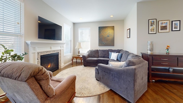 living area with a glass covered fireplace, wood finished floors, and recessed lighting