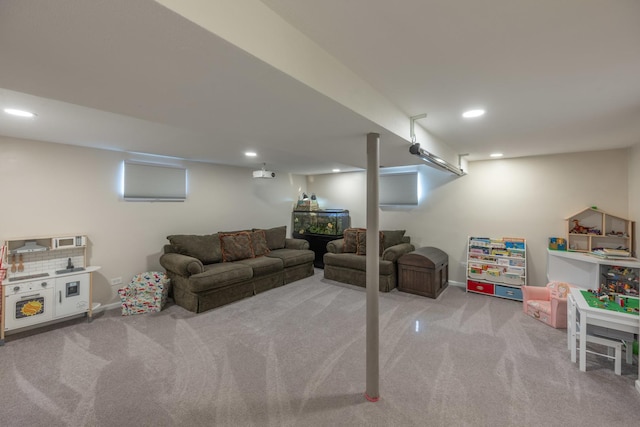 playroom with carpet, recessed lighting, and baseboards