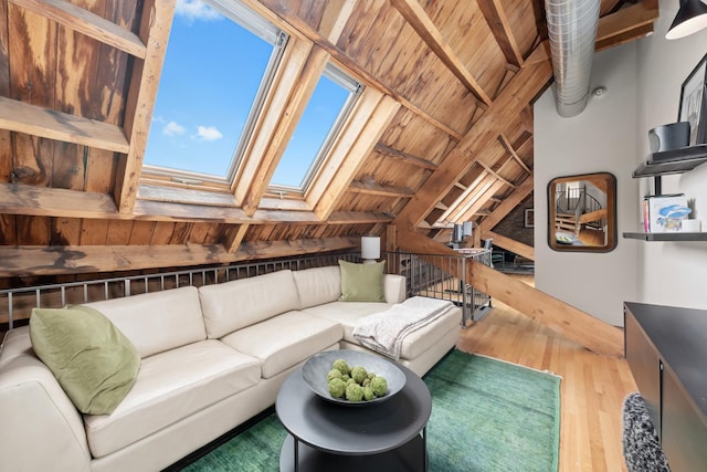 1547 N Leavitt St Unit 3S, Chicago, IL 60622 - living room featuring wood ceiling, wood finished floors, and lofted ceiling with skylight