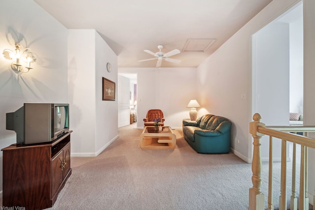 5632 Fairview Ave, Downers Grove, IL 60516 - sitting room featuring light colored carpet, an upstairs landing, baseboards, and a ceiling fan