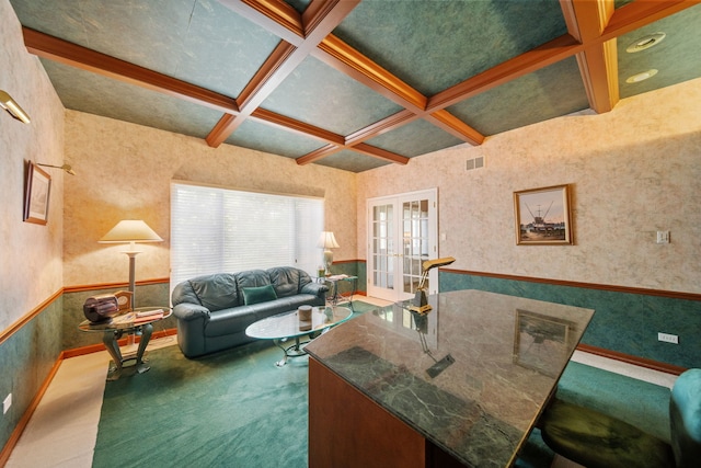 5632 Fairview Ave, Downers Grove, IL 60516 - living area featuring coffered ceiling, carpet, french doors, beam ceiling, and wallpapered walls