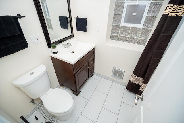 full bath with tile patterned flooring, visible vents, toilet, and vanity