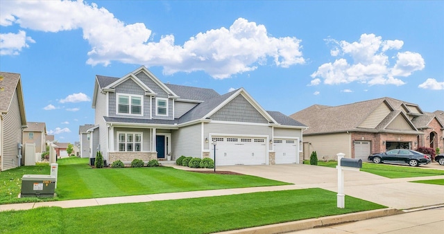 craftsman inspired home with an attached garage, concrete driveway, stone siding, and a front yard