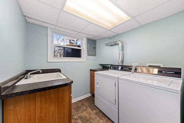 736 Willow Rd, Naperville, IL 60540 - laundry room with cabinet space, a sink, baseboards, washing machine and dryer, and electric panel