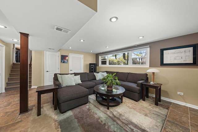 736 Willow Rd, Naperville, IL 60540 - living area featuring visible vents, stairway, baseboards, stone tile flooring, and recessed lighting