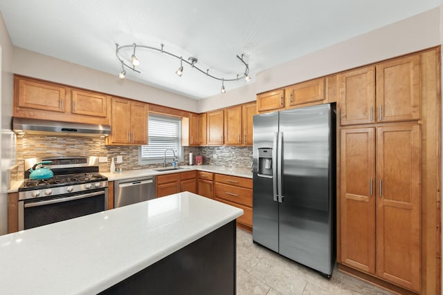 736 Willow Rd, Naperville, IL 60540 - kitchen with a sink, light countertops, stainless steel appliances, decorative backsplash, and under cabinet range hood