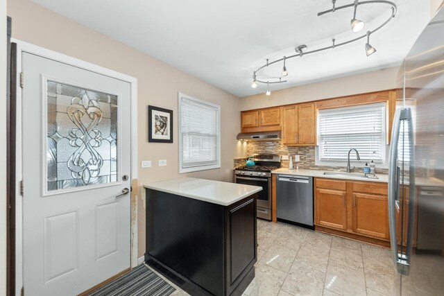 736 Willow Rd, Naperville, IL 60540 - kitchen featuring backsplash, a sink, light countertops, under cabinet range hood, and stainless steel appliances