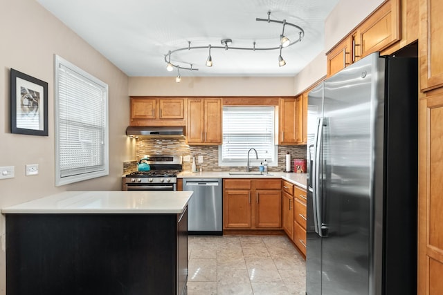 736 Willow Rd, Naperville, IL 60540 - kitchen with a sink, appliances with stainless steel finishes, backsplash, and under cabinet range hood