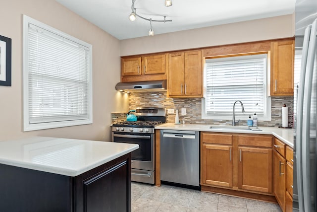 736 Willow Rd, Naperville, IL 60540 - kitchen with decorative backsplash, light countertops, a sink, appliances with stainless steel finishes, and exhaust hood