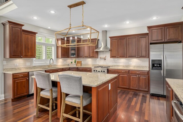 127 60th St, Downers Grove, IL 60516 - kitchen with appliances with stainless steel finishes, wall chimney exhaust hood, a sink, backsplash, and dark wood-type flooring