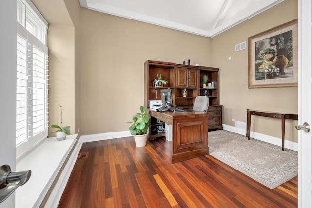 127 60th St, Downers Grove, IL 60516 - office area featuring dark wood-type flooring, baseboards, and high vaulted ceiling