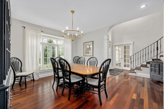127 60th St, Downers Grove, IL 60516 - dining room with dark wood finished floors, a chandelier, stairway, baseboards, and recessed lighting