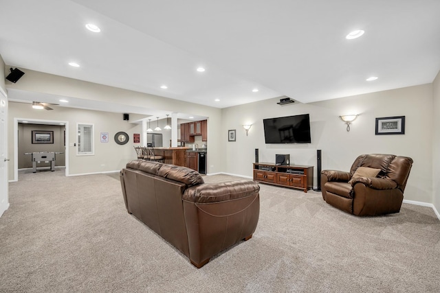 127 60th St, Downers Grove, IL 60516 - living room featuring light carpet, baseboards, wet bar, and recessed lighting