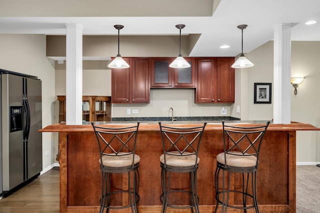 127 60th St, Downers Grove, IL 60516 - kitchen featuring refrigerator with ice dispenser, dark countertops, recessed lighting, a sink, and pendant lighting
