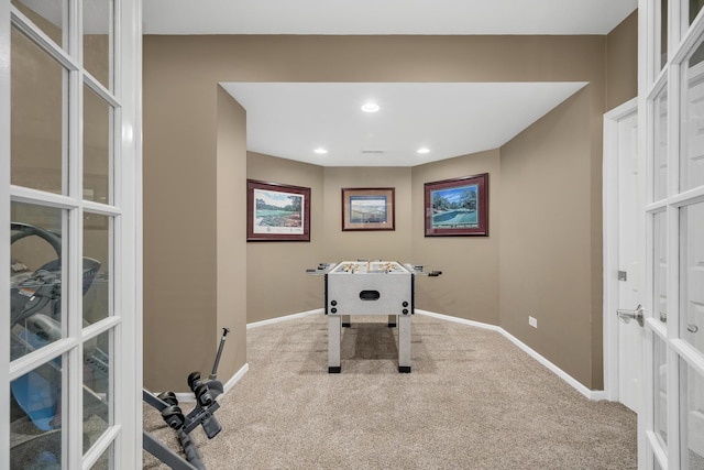 127 60th St, Downers Grove, IL 60516 - rec room featuring carpet flooring, baseboards, french doors, and recessed lighting