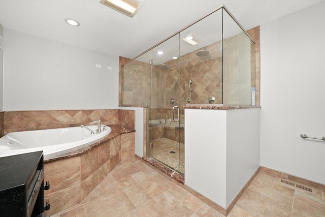 full bath with visible vents, recessed lighting, a bath, and a shower stall