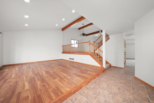 empty room featuring ceiling fan, visible vents, stairway, baseboards, and recessed lighting