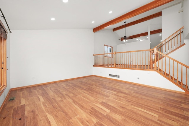unfurnished living room featuring visible vents, a ceiling fan, light wood finished floors, and recessed lighting