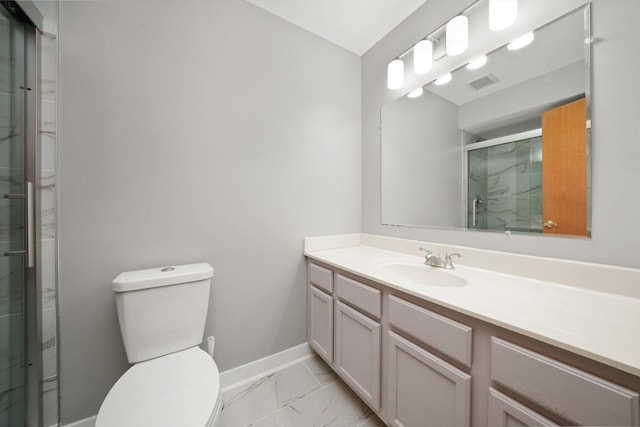 full bath with visible vents, a stall shower, baseboards, toilet, and marble finish floor