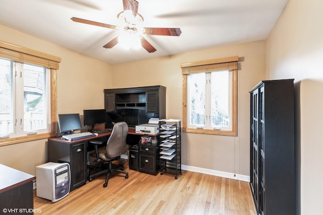 home office featuring baseboards, wood finished floors, and a ceiling fan