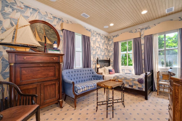 401 W Dickens Ave, Chicago, IL 60614 - bedroom featuring visible vents, crown molding, wooden ceiling, and light colored carpet