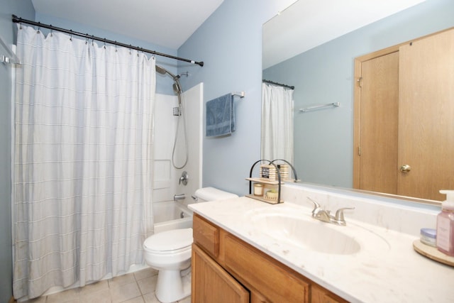 full bath featuring tile patterned floors, shower / bath combo, vanity, and toilet