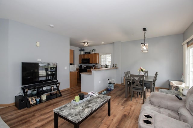 living area featuring baseboards and light wood-style floors
