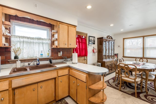 1291 Fargo Ave, Des Plaines, IL 60018 - kitchen featuring crown molding, open shelves, a sink, light countertops, and a peninsula