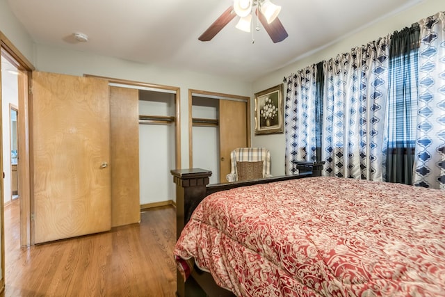 1291 Fargo Ave, Des Plaines, IL 60018 - bedroom with multiple closets, a ceiling fan, and wood finished floors