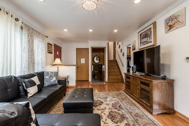 1291 Fargo Ave, Des Plaines, IL 60018 - living area featuring recessed lighting, light wood-type flooring, ornamental molding, and stairway