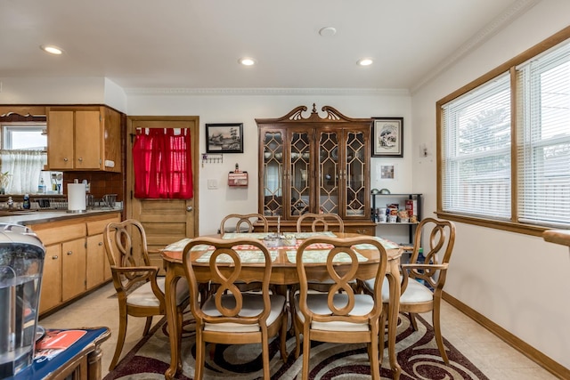 1291 Fargo Ave, Des Plaines, IL 60018 - dining space with baseboards, ornamental molding, recessed lighting, and light tile patterned floors
