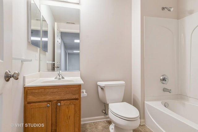 full bath featuring tile patterned floors, vanity, shower / tub combination, toilet, and visible vents