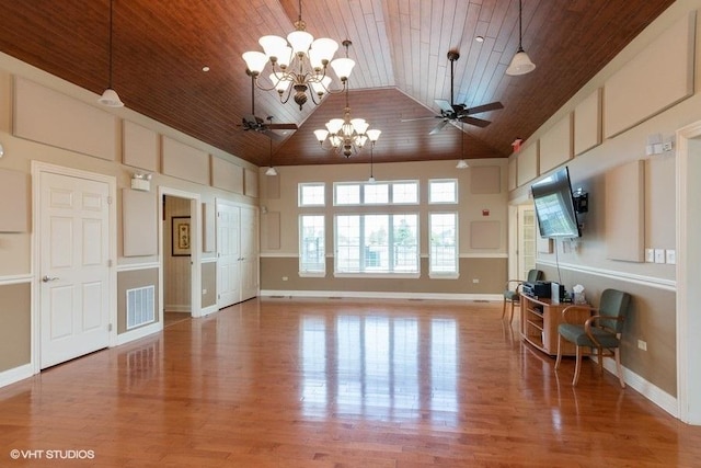 living room featuring high vaulted ceiling, ceiling fan with notable chandelier, wooden ceiling, baseboards, and visible vents