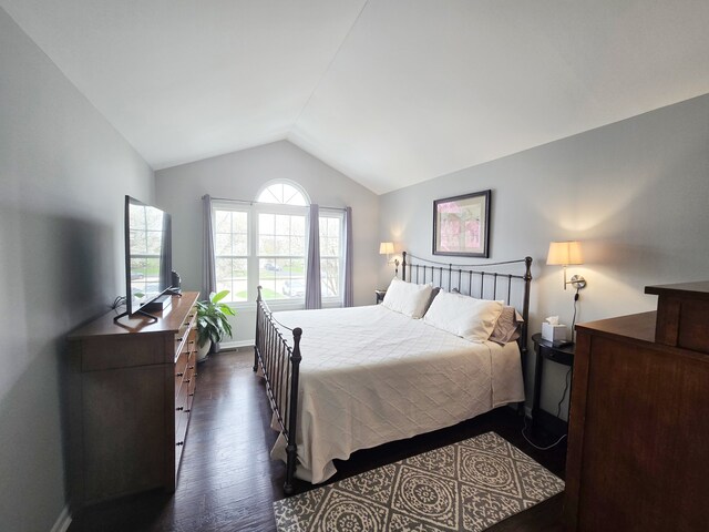 bedroom with baseboards, vaulted ceiling, and dark wood-type flooring