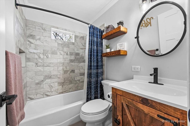 219 E Streamwood Blvd, Streamwood, IL 60107 - bathroom featuring crown molding, vanity, toilet, and shower / bath combination with curtain